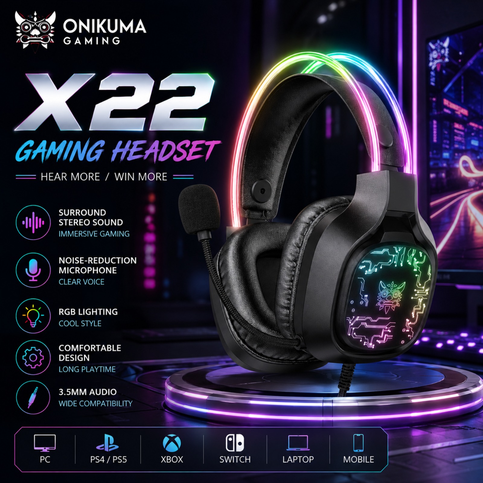 Gaming Headset With Mic Rgb - ONIKUMA X22 유선 게이밍 헤드셋 RGB